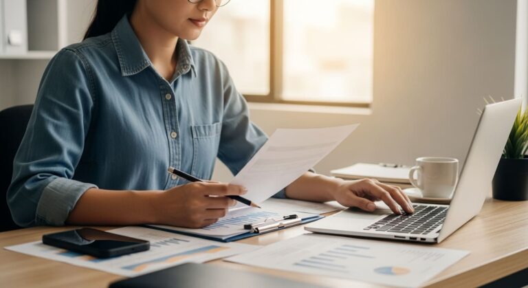 Contador revisando documentos y laptop en oficina moderna - guía para llevar la contabilidad de tu negocio | Contreras Asesores